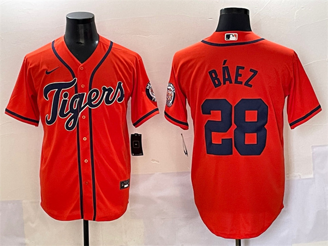 Men's Detroit Tigers #28 Javier Báez Orange With Patch Cool Base Stitched Baseball Jersey Men's Detroit Tigers #28 Javier Báez Orange With Patch Cool Base Stitched Baseball Jersey